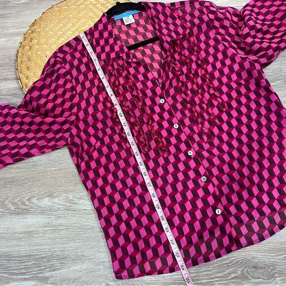 Johnny was 100% silk geometric cube print blouse‎ art to wear - Picture 5 of 5